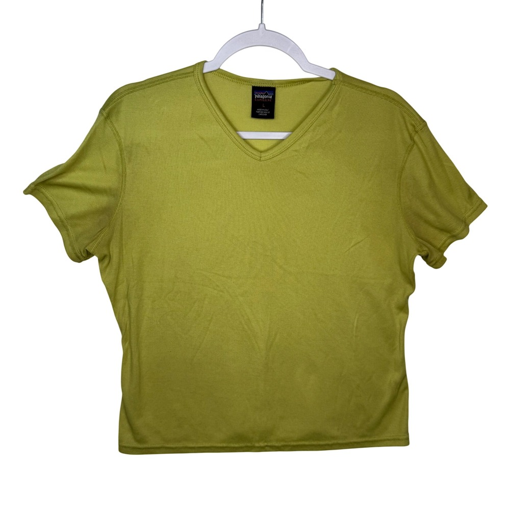 Patagonia Flawed Capilene VNeck TShirt Womens L Lime Green Short Sleeve Athletic